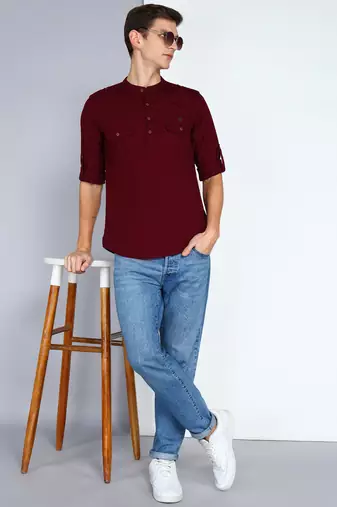 men's plum linen cotton short pathani kurta