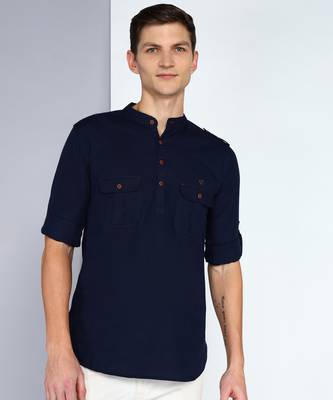 men's indigo linen cotton short pathani kurta 1