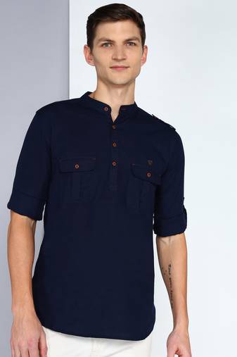 men's indigo linen cotton short pathani kurta