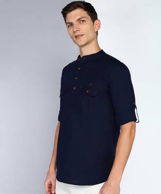 men's indigo linen cotton short pathani kurta 3