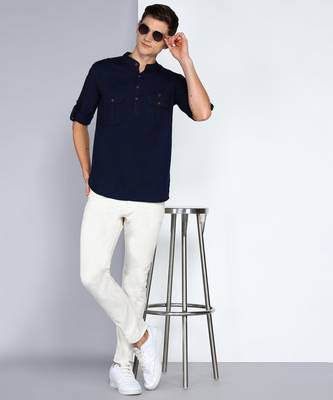 men's indigo linen cotton short pathani kurta 4