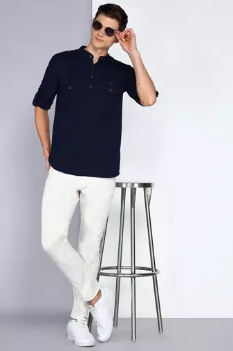 men's indigo linen cotton short pathani kurta