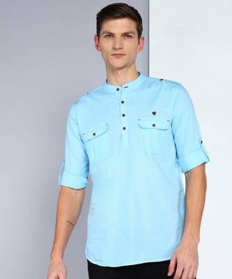 men's sky blue linen cotton short pathani kurta 1