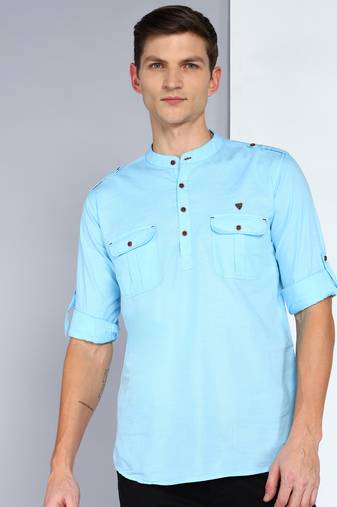 men's sky blue linen cotton short pathani kurta