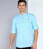 men's sky blue linen cotton short pathani kurta