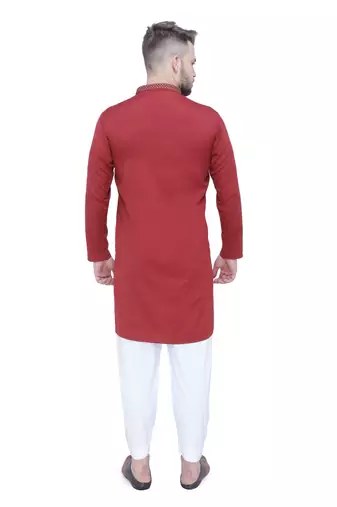 men's barn red lyocell festive long kurta