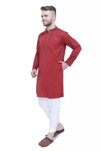 men's barn red lyocell festive long kurta