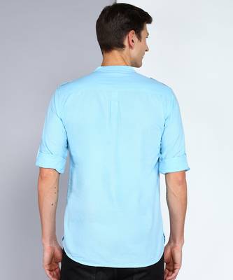 men's sky blue linen cotton short pathani kurta 2