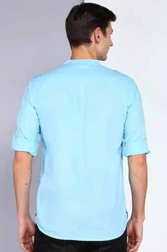 men's sky blue linen cotton short pathani kurta