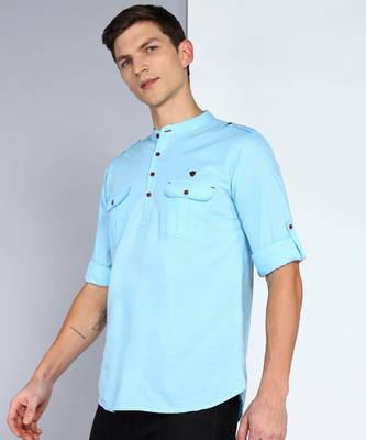 men's sky blue linen cotton short pathani kurta 3