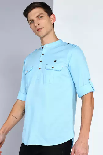 men's sky blue linen cotton short pathani kurta