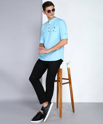 men's sky blue linen cotton short pathani kurta 4