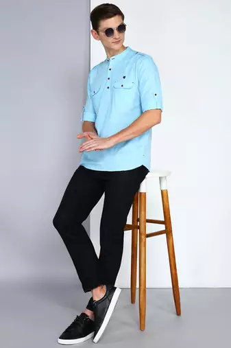 men's sky blue linen cotton short pathani kurta