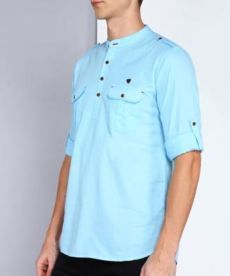 men's sky blue linen cotton short pathani kurta 5