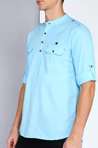 men's sky blue linen cotton short pathani kurta