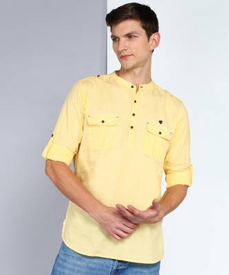 men's lime yellow linen cotton short pathani kurta 1