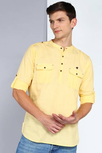 men's lime yellow linen cotton short pathani kurta