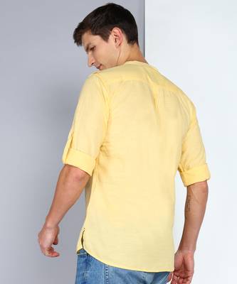 men's lime yellow linen cotton short pathani kurta 2