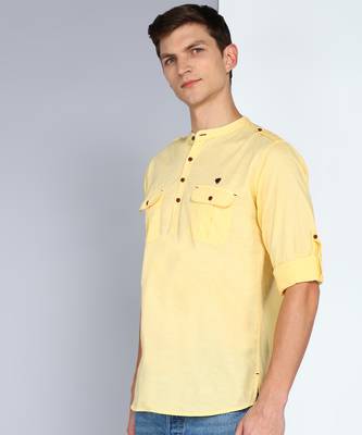 men's lime yellow linen cotton short pathani kurta 3