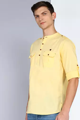 men's lime yellow linen cotton short pathani kurta