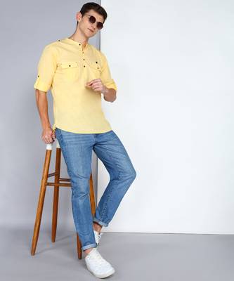 men's lime yellow linen cotton short pathani kurta 4
