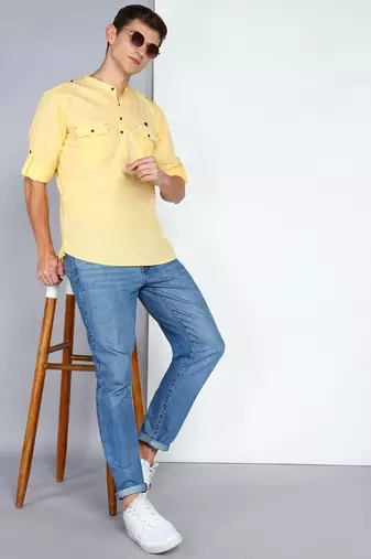 men's lime yellow linen cotton short pathani kurta