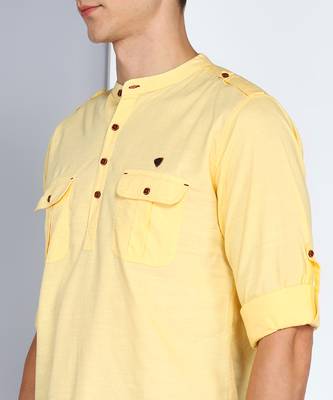 men's lime yellow linen cotton short pathani kurta 5