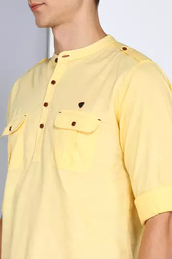 men's lime yellow linen cotton short pathani kurta
