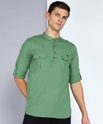 men's fresh green linen cotton short pathani kurta 1