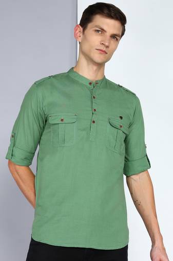 men's fresh green linen cotton short pathani kurta