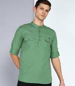 men's fresh green linen cotton short pathani kurta