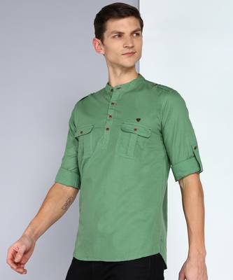 men's fresh green linen cotton short pathani kurta 3