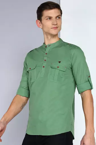 men's fresh green linen cotton short pathani kurta