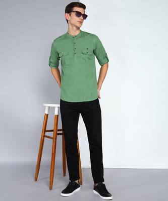 men's fresh green linen cotton short pathani kurta 4