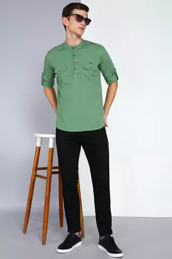 men's fresh green linen cotton short pathani kurta