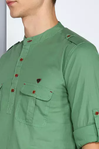 men's fresh green linen cotton short pathani kurta
