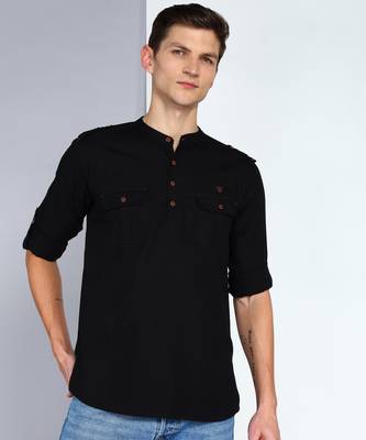 men's black linen cotton short pathani kurta 1