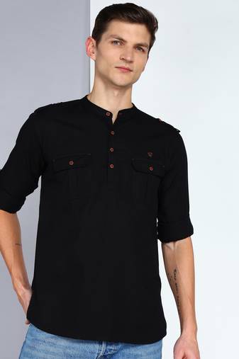 men's black linen cotton short pathani kurta
