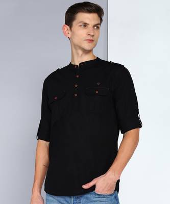 men's black linen cotton short pathani kurta 3