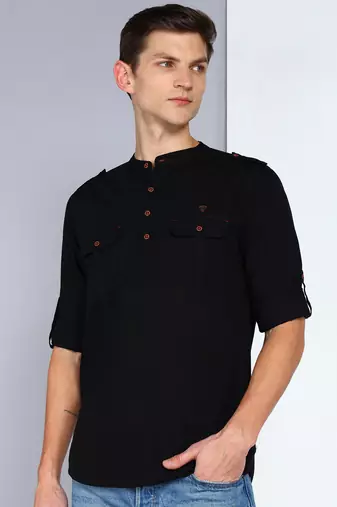 men's black linen cotton short pathani kurta