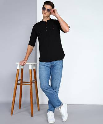 men's black linen cotton short pathani kurta 4