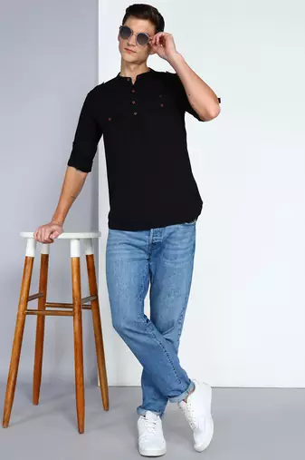 men's black linen cotton short pathani kurta
