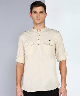 men's beige linen cotton short pathani kurta 1