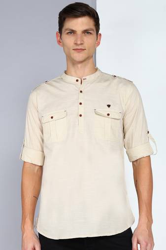men's beige linen cotton short pathani kurta