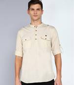men's beige linen cotton short pathani kurta