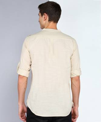 men's beige linen cotton short pathani kurta 2