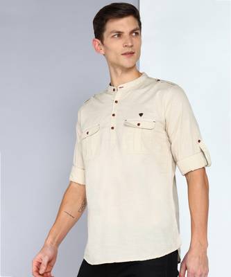 men's beige linen cotton short pathani kurta 3