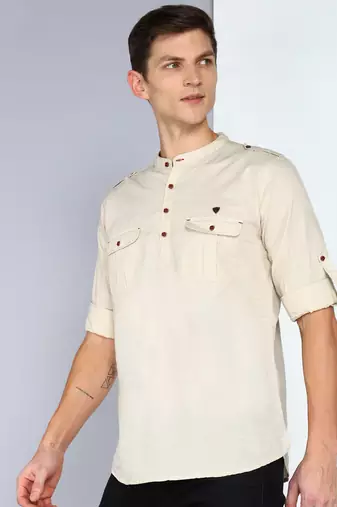 men's beige linen cotton short pathani kurta