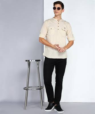 men's beige linen cotton short pathani kurta 4