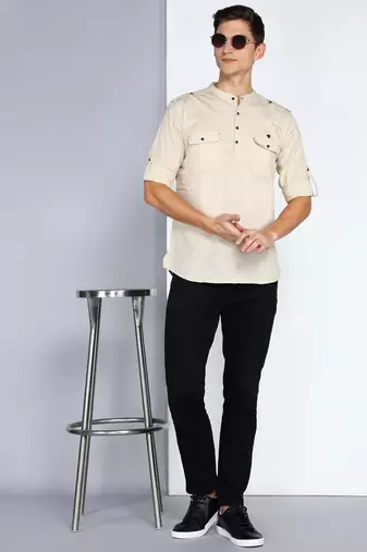 men's beige linen cotton short pathani kurta